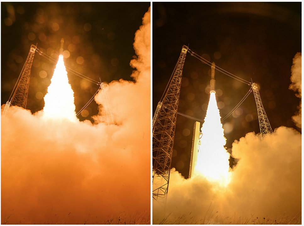 Uppsändningen av Sentinell-2A från den europeiska rymdbasen i Kourou..