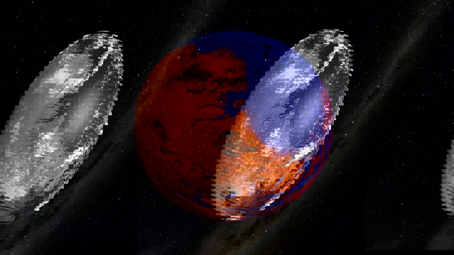 Illustration av Mars med hav på planetens yta