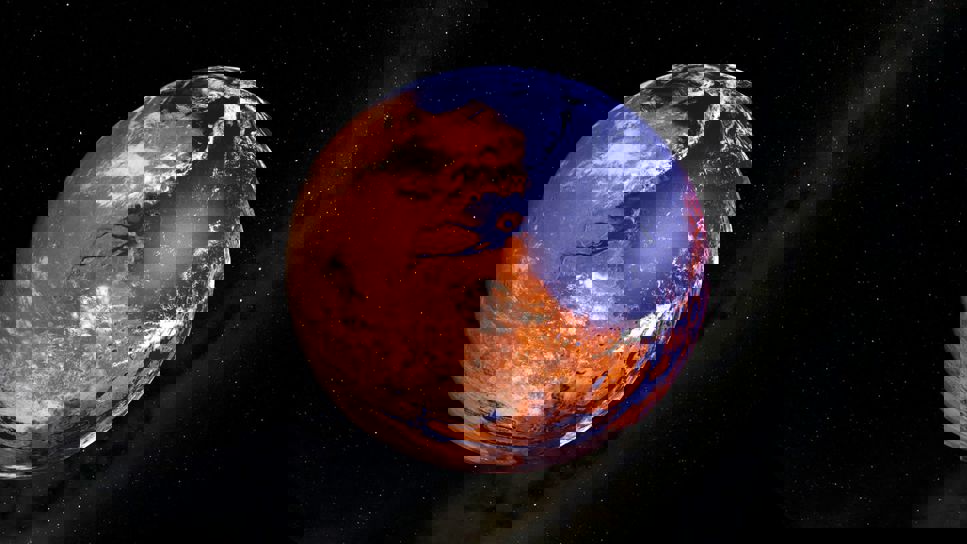 Illustration av Mars med hav på planetens yta