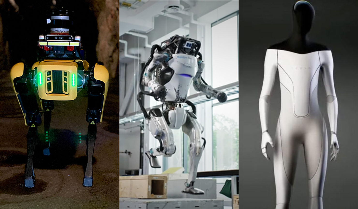 robotar_.jpg Robothunden Spot, roboten Atlas och Tesla bot.