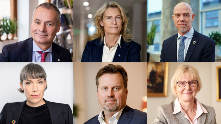 Övre raden från vänster: Johan Kuylenstierna (Formas), Katarina Bjelke (Vetenskapsrådet) och Robert Andrén (Energimyndigheten). Undre raden från vänster: Darja Isaksson (Vinnova), Jonas Björck (Forte) och Anna Rathsman (Rymdstyrelsen).