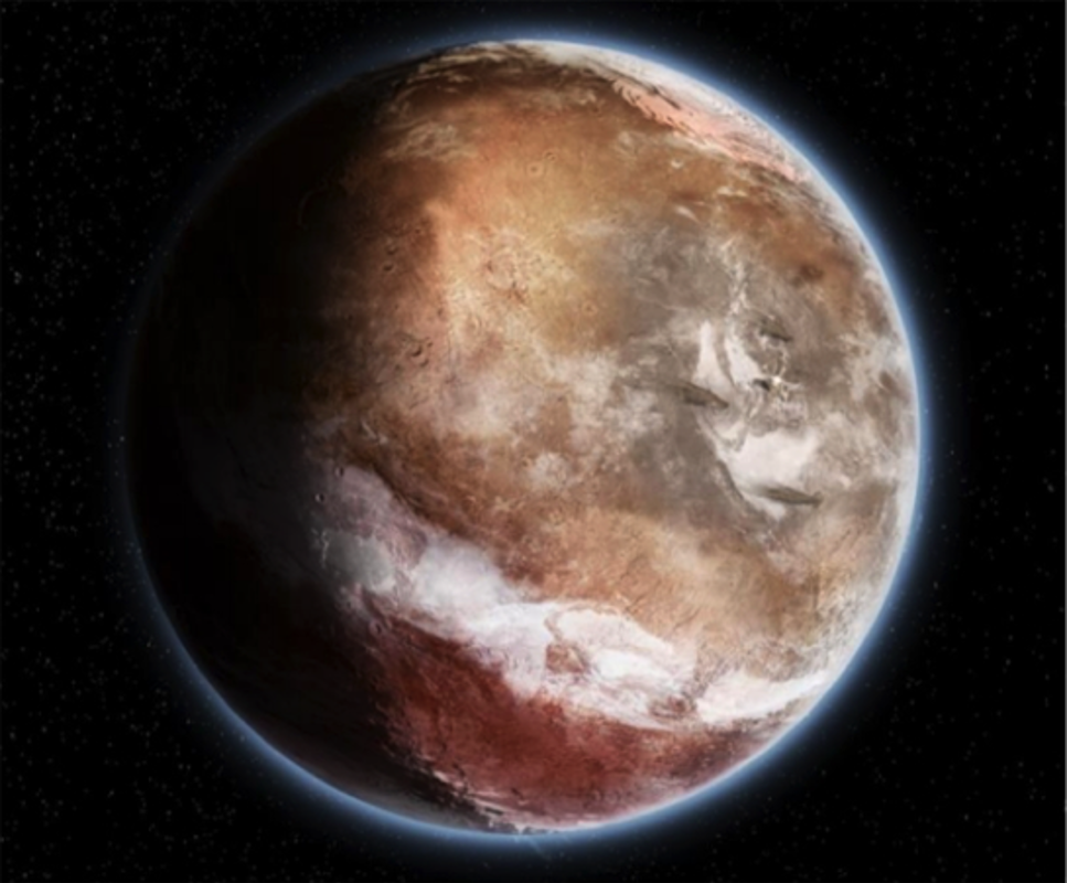 Bilden illustrerar hur Mars förmodligen såg ur för cirka fyra miljarder år sedan, innan vulkanutbrottet. 