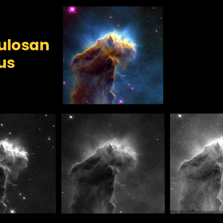 Webb Hubble raw-1.png Flera bilder svartvita och i färg med texten Örnnebulosan i olika ljus.