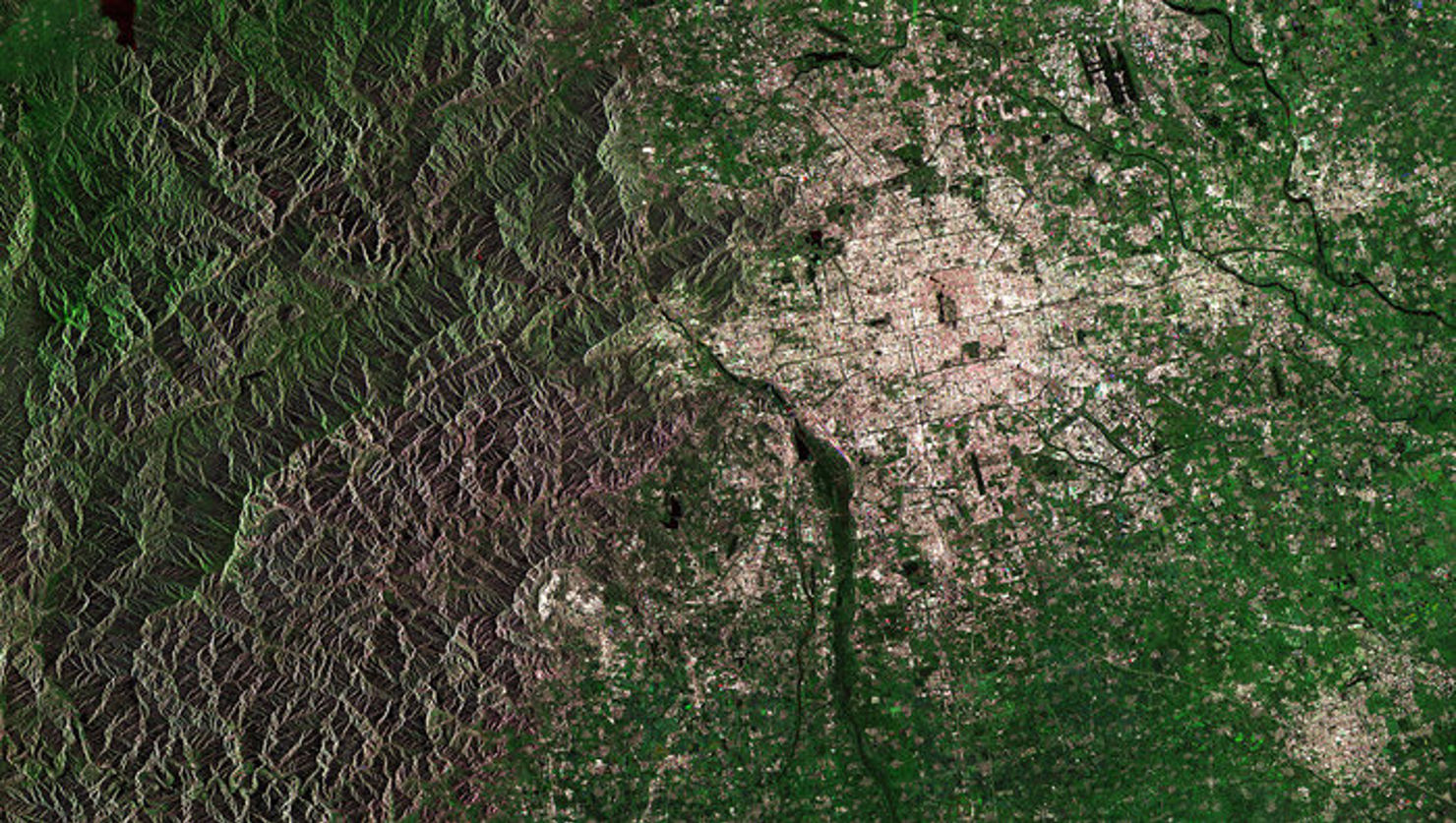 Beijing i Kina. Bilden är tagen från den europeiska satelliten Sentinel-1.