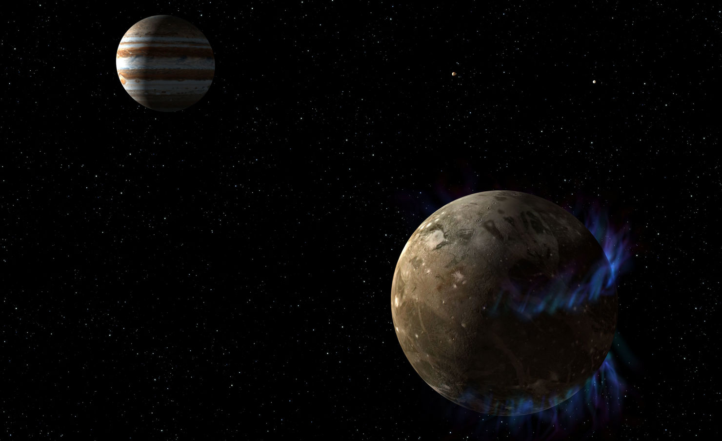 En tecknad tolkning av hur månen Ganymedes aurora ser ut.