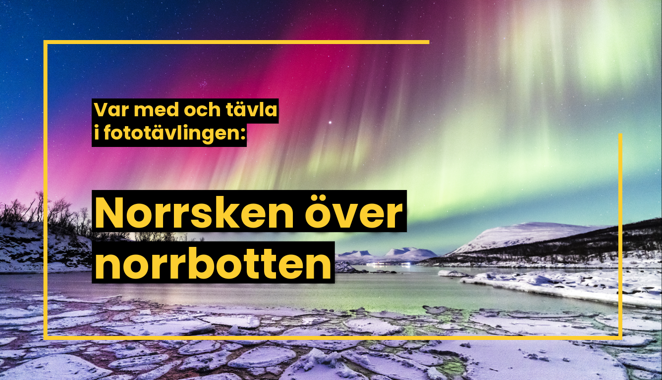 Ett foto på ett färggrant norrsken över snötäckt landskap med texten: Var med och tävla i fototävlingen Norrsken över norrbotten