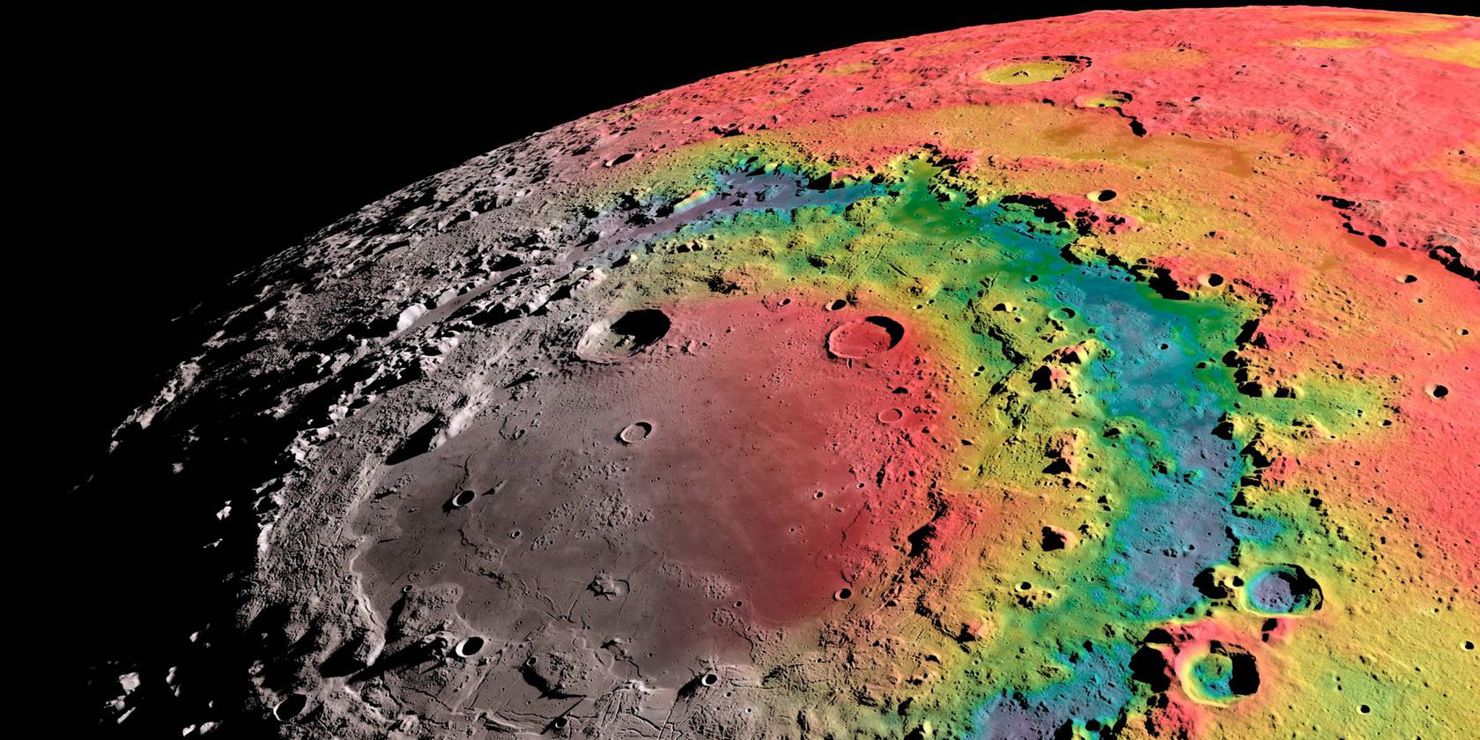 De färgsprakande färgerna representerar olika gravitationsfält. De röda områdena är hög densitet och de blå låg.