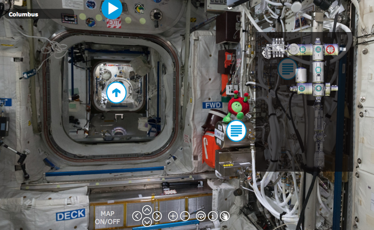 En panorama-vy kan du själv promenera runt på rymdstationen.