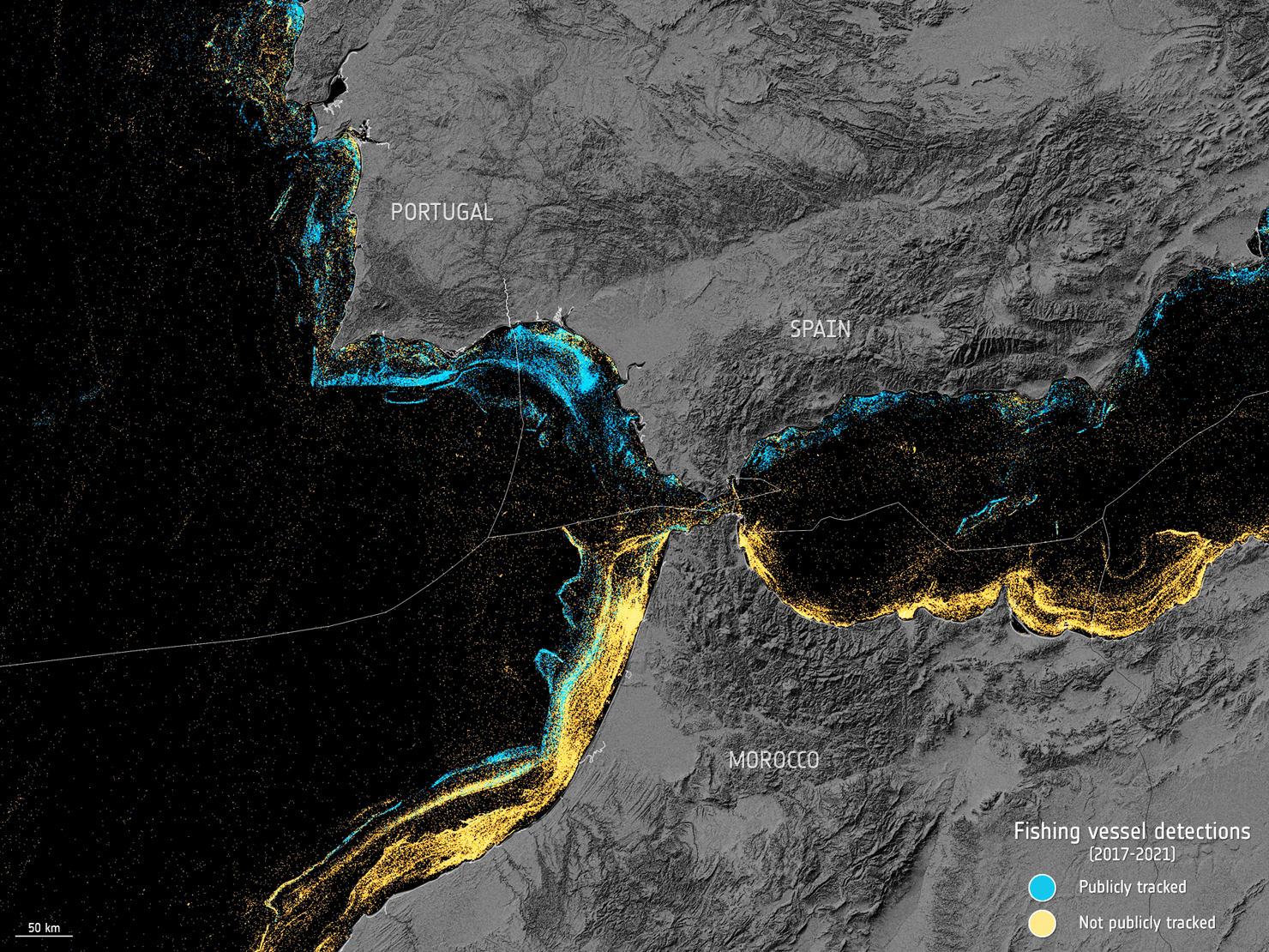 Fiskebåtar i havet utanför Portugal, Spanien och Marocko