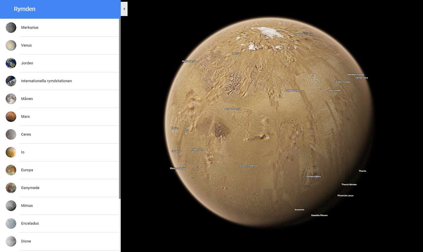 Utforska solsystemets planeter och månar i Google Maps