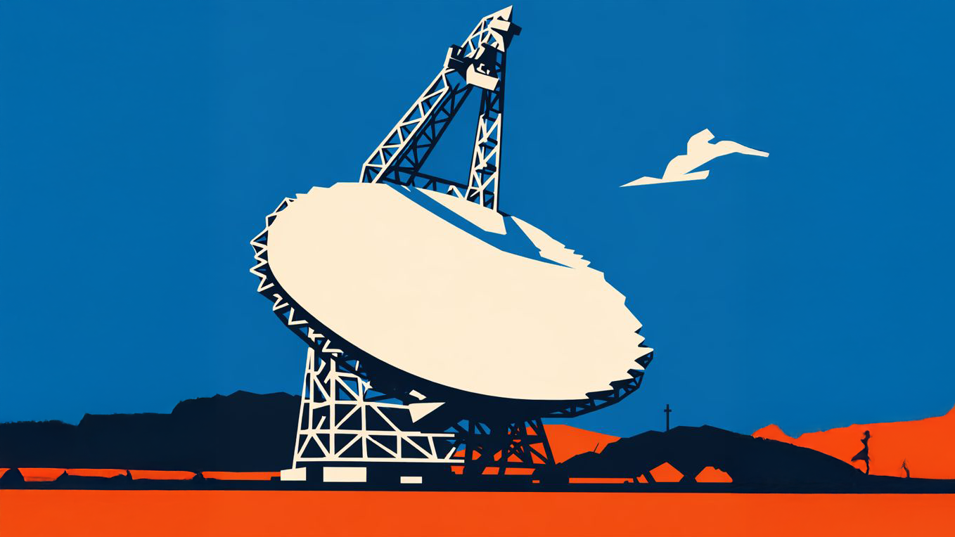 Ett tecknat teleskop mot blå och röd bakgrund.