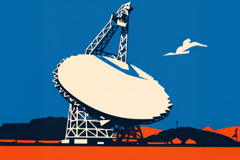 Green Bank.png Ett tecknat teleskop mot blå och röd bakgrund.