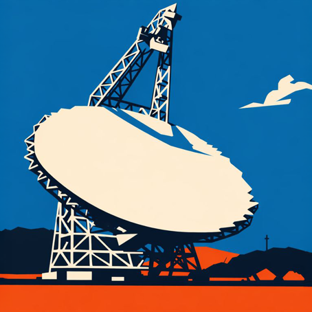 Green Bank.png Ett tecknat teleskop mot blå och röd bakgrund.