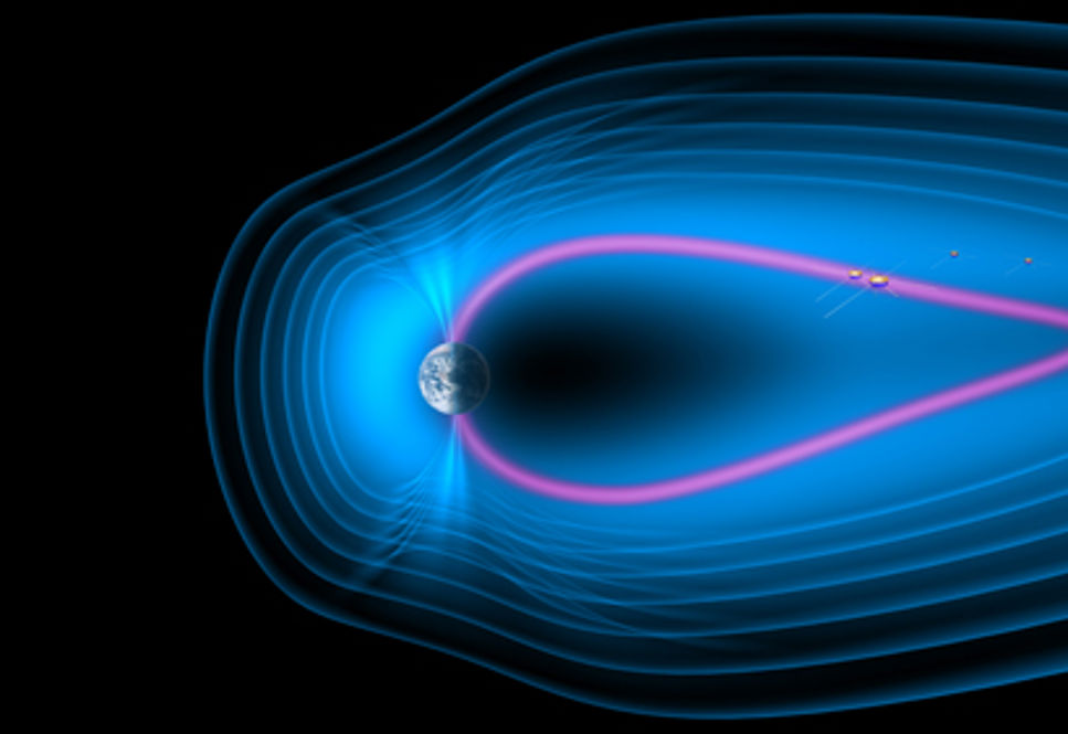 Teckning av Cluster-satelliterna som flyger genom den tunna gränsen i jordens magnetsvans.