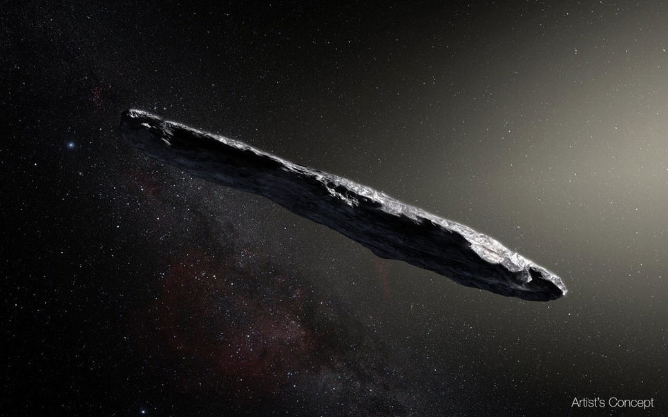 En konstnärstolkning av det interstellära objektet 1I/2017 U1, även kallat Oumuamua.