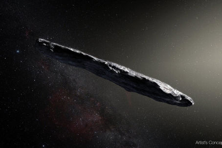 En konstnärstolkning av det interstellära objektet 1I/2017 U1, även kallat Oumuamua.