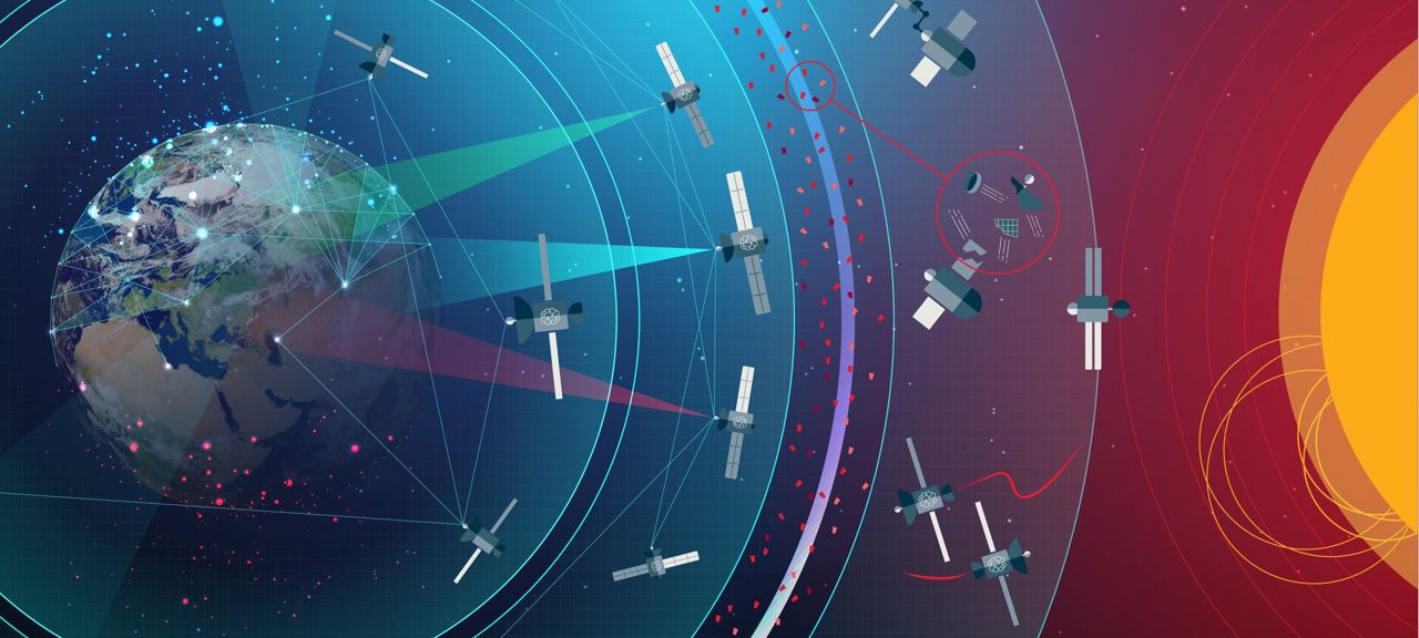 Space Safety.jpg Satelliter som snurrar runt jorden. Illustration.