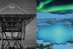 EISCAT.jpg Till vänster Örat som revs i oktober (av Lars-Göran Vanhainen). Till höger en illustration av EISCAT 3D (av NIPR).