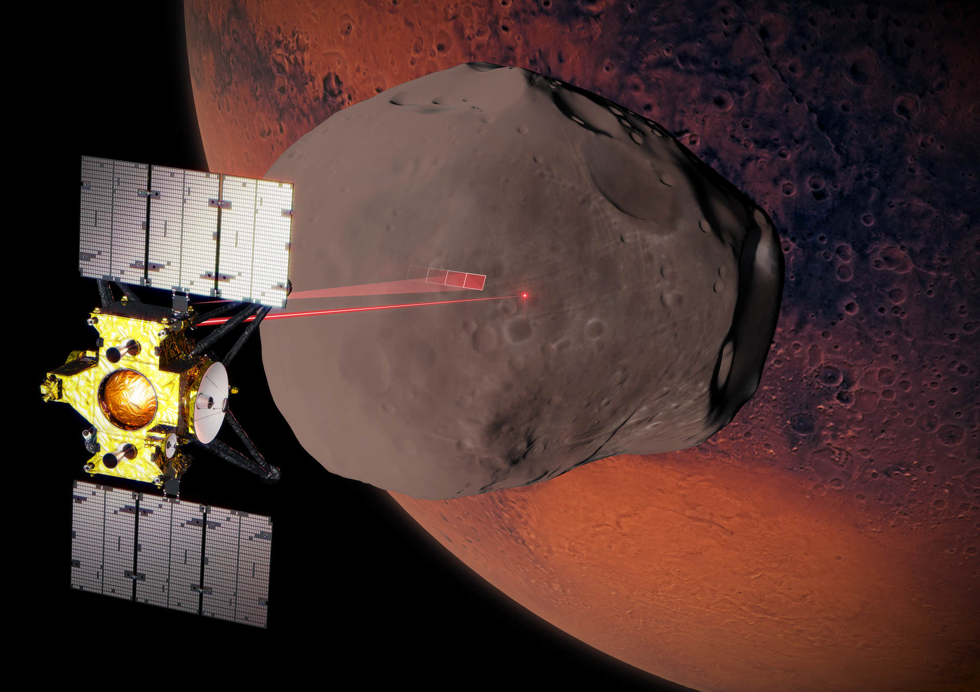 En illustration av en liten satellit som kretsar kring Mars måne Phobos med planeten i bakgrunden.