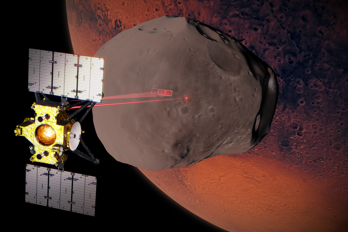 MMX_observing_Phobos_pillars.png En illustration av en liten satellit som kretsar kring Mars måne Phobos med planeten i bakgrunden.