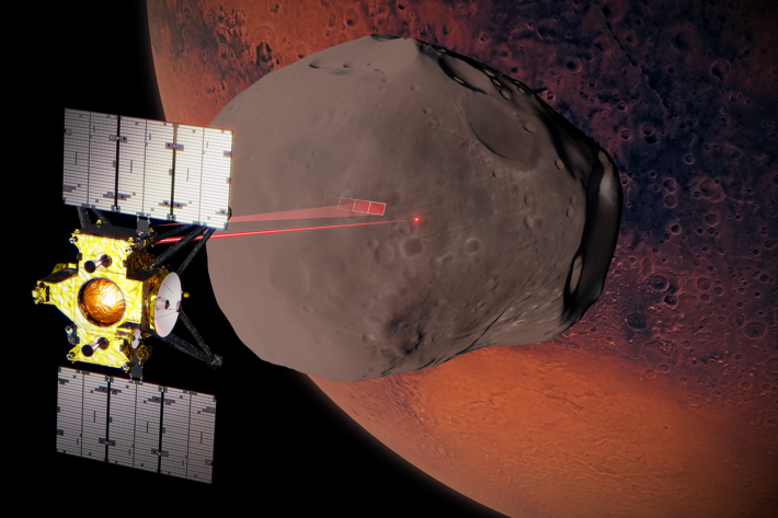 MMX_observing_Phobos_pillars.png En illustration av en liten satellit som kretsar kring Mars måne Phobos med planeten i bakgrunden.