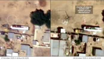 Yale.png Två satellitbilder bredvid varandra från olika tidpunkter där den ena visar något som kan vara döda kroppar på marken.