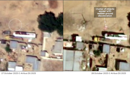 Yale.png Två satellitbilder bredvid varandra från olika tidpunkter där den ena visar något som kan vara döda kroppar på marken.