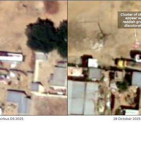 Yale.png Två satellitbilder bredvid varandra från olika tidpunkter där den ena visar något som kan vara döda kroppar på marken.