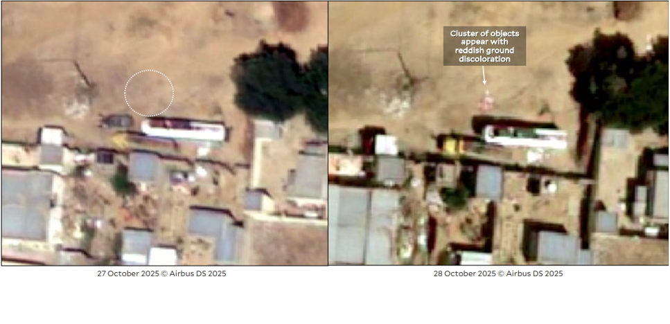 Yale.png Två satellitbilder bredvid varandra från olika tidpunkter där den ena visar något som kan vara döda kroppar på marken.