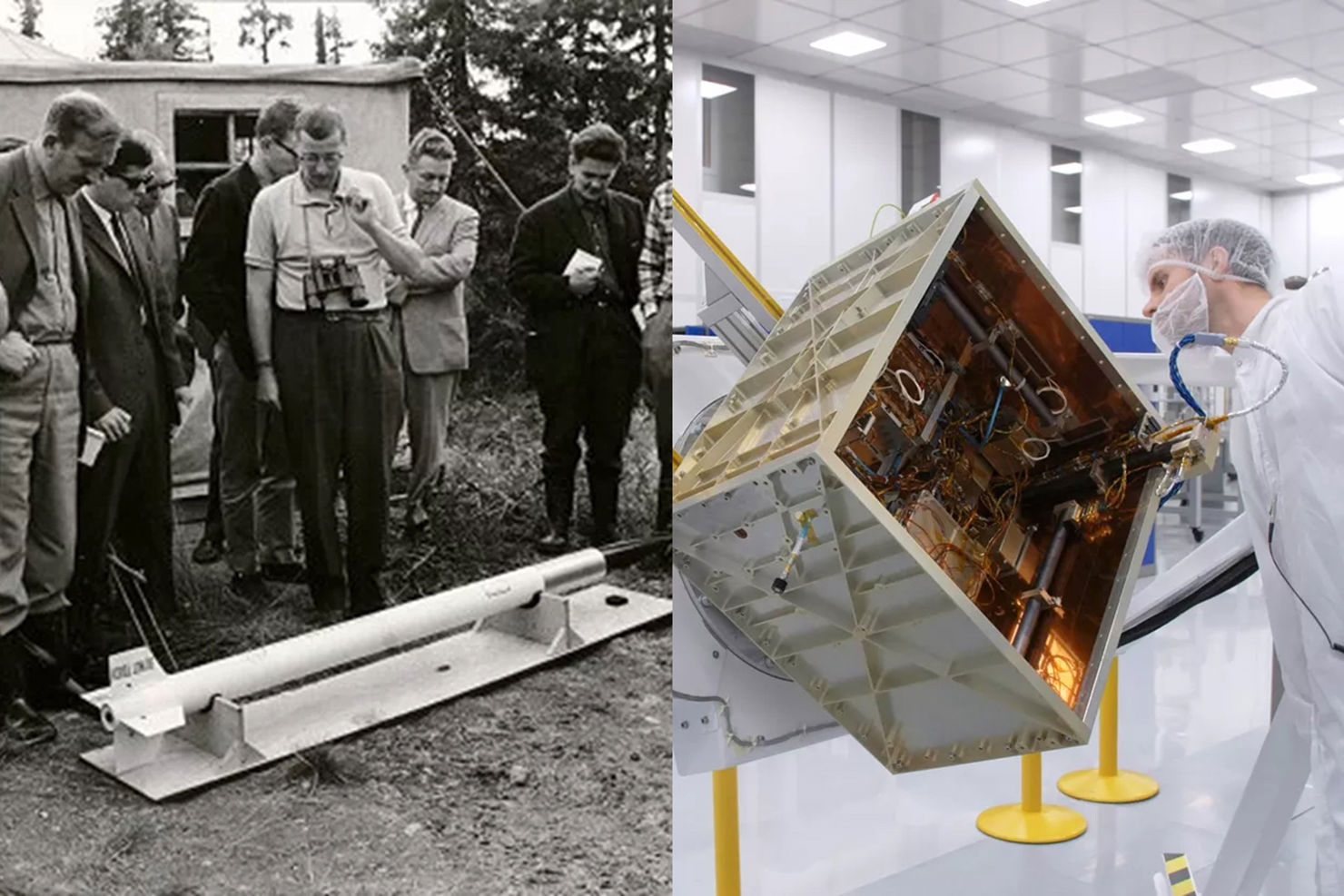 Män på fält med gammal raket och ingenjör i toppmodernt labb.