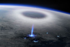 En så kallad "Blue Jet", en uppochnedvänd blixt fotad från rymden 2019 av ett instrument på den internationella rymdstationen.  En så kallad "Blue Jet", en uppochnedvänd blixt fotad från rymden 2019 av ett instrument på den internationella rymdstationen.