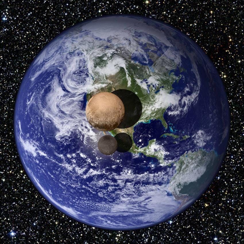 Den här bilden visar hur stor eller snarare liten Pluto och dess måne är.