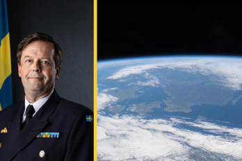 Webb FMV-1.png Försvarsmaktens rymdchef, flottiljamiral Anders Sundeman i porträtt med en bild på jorden bredvid.