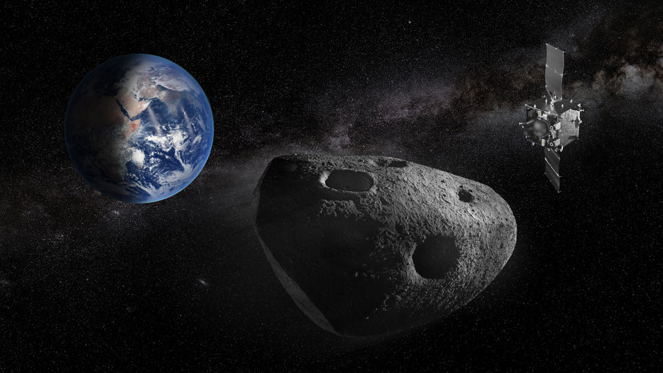 Jorden, en asteroid och en satellit