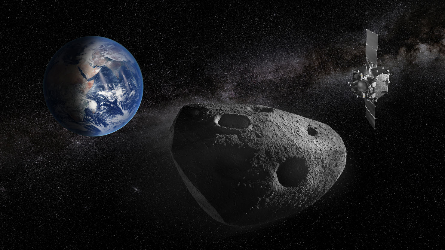 ESA_s_Ramses_mission_to_asteroid_Apophis.jpg Jorden, en asteroid och en satellit