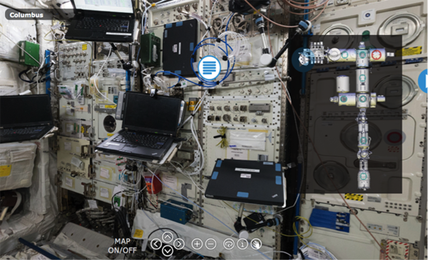 Gå på upptäcktsfärd på rymdstationen genom interaktiva panoramabilder.