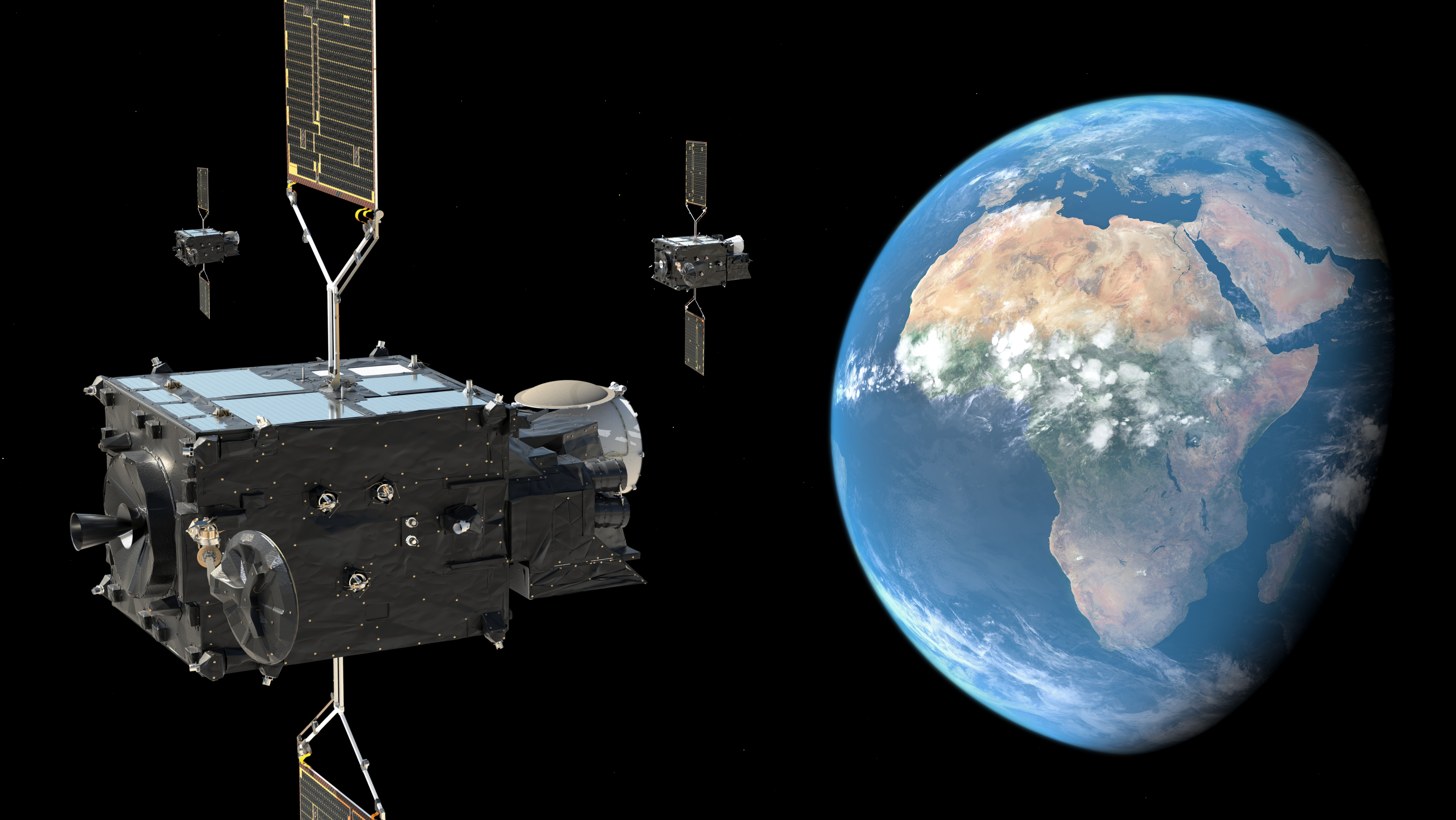 En illustration av en satellit i omloppsbana runt jorden.