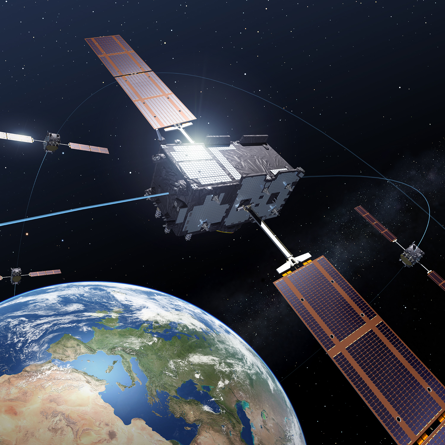 Galileo består idag av 4 satelliter som skickades upp under 2011 och 2012, men när det är helt färdigt kommer det bestå av totalt 30 satelliter. Källa: ESA – P. Carril.