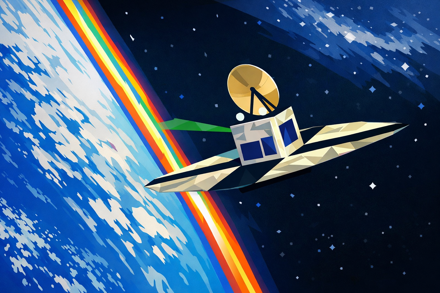 En bild av en tecknad satellit över en färgglad jordglob.