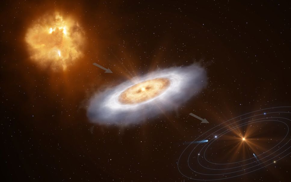 Denna bildserie visar hur ett tänkt moln av gas kollapsar och bildar en stjärna omgiven av en skiva, där ett planetsystem så småningom kommer att bildas.