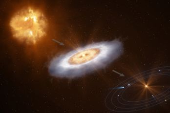 Denna bildserie visar hur ett tänkt moln av gas kollapsar och bildar en stjärna omgiven av en skiva, där ett planetsystem så småningom kommer att bildas.