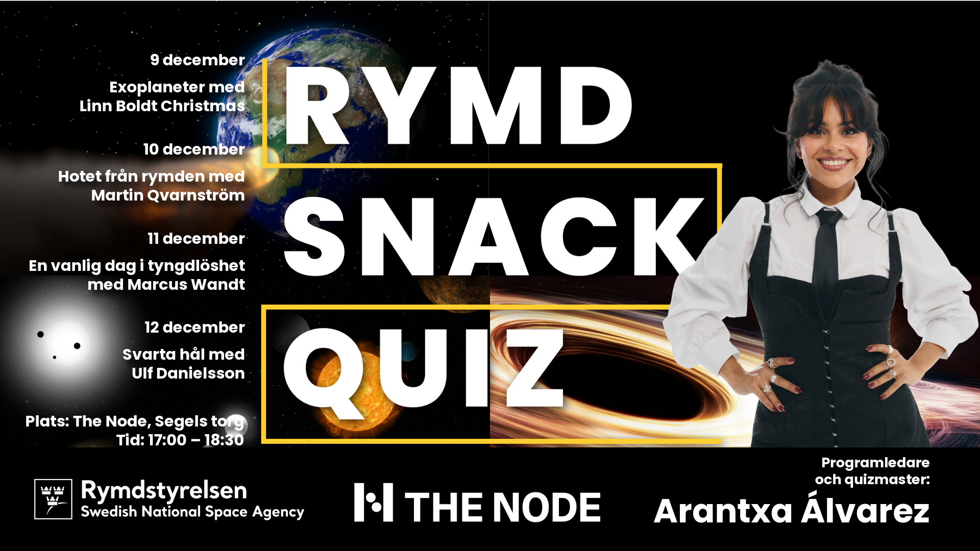 En bild med flera rymdmotiv och texten Rymd Snack Quiz