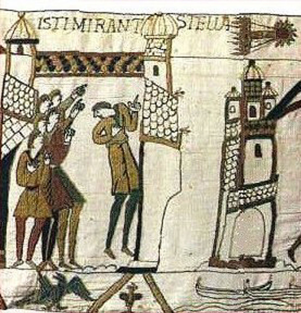 En vävd tapet från 1000-talet som visar Halleys komet. Texten lyder Isti Mirant Stella, som betyder Dessa tittar undrande på stjärnan.