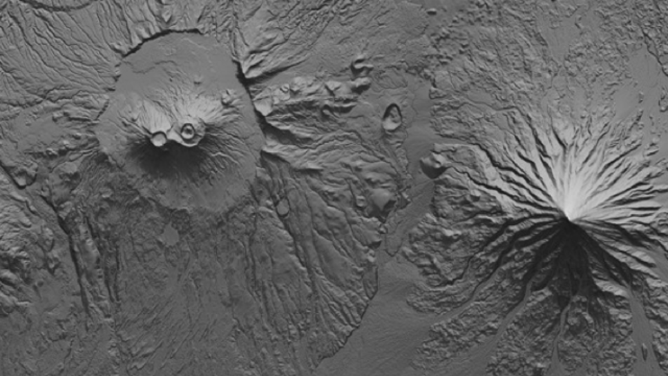 Två tyska satelliter har kartlagt delar av jorden vilket nu resulterat i väldigt detaljerade 3D-kartor. Här ser man en tydlig bild av en vulkan i Ryssland. 