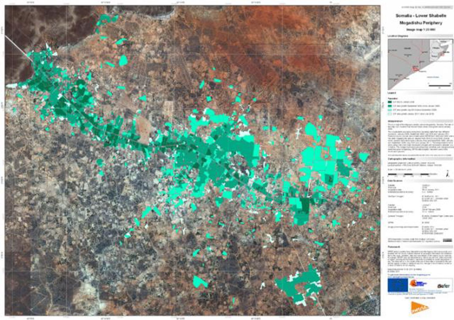 Översikt av Afgoye-korridoren, väst om Mogadishu, Somalia. Metrias karteringar av detta område mellan 2008-2010 visar hur flyktinglägren expanderat.  Mörkare grönt visar de äldsta lägren längst med vägen (januari 2008) och ljusare grönt visar hur lägren expanderat. 