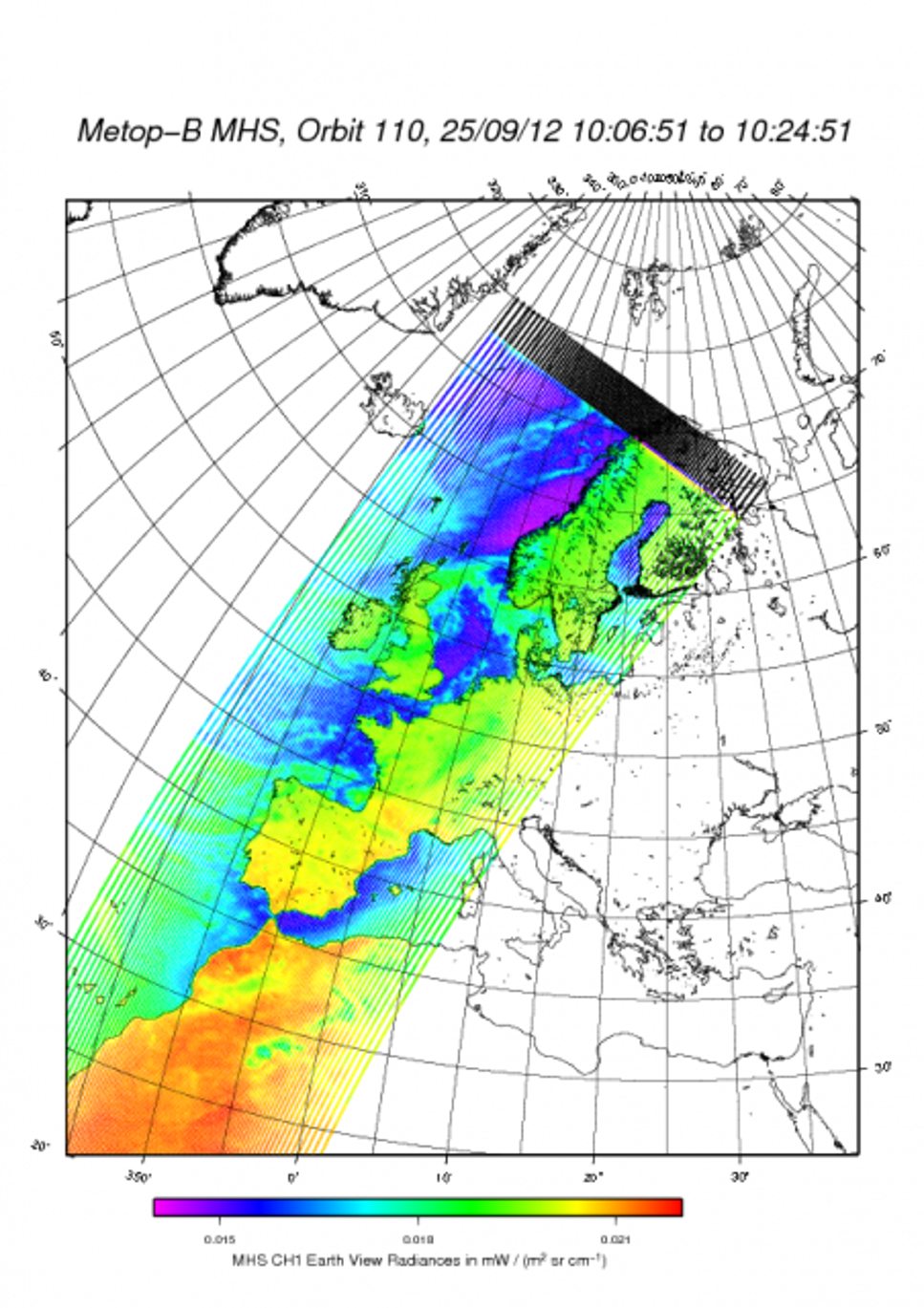 metop-b_data.png Den första datan från MetOp-B:s instrument MHS, Microwave Humidity Sounder. Källa: EUMETSAT (European Organisation for the Exploitation of Meteorological Satellites).
