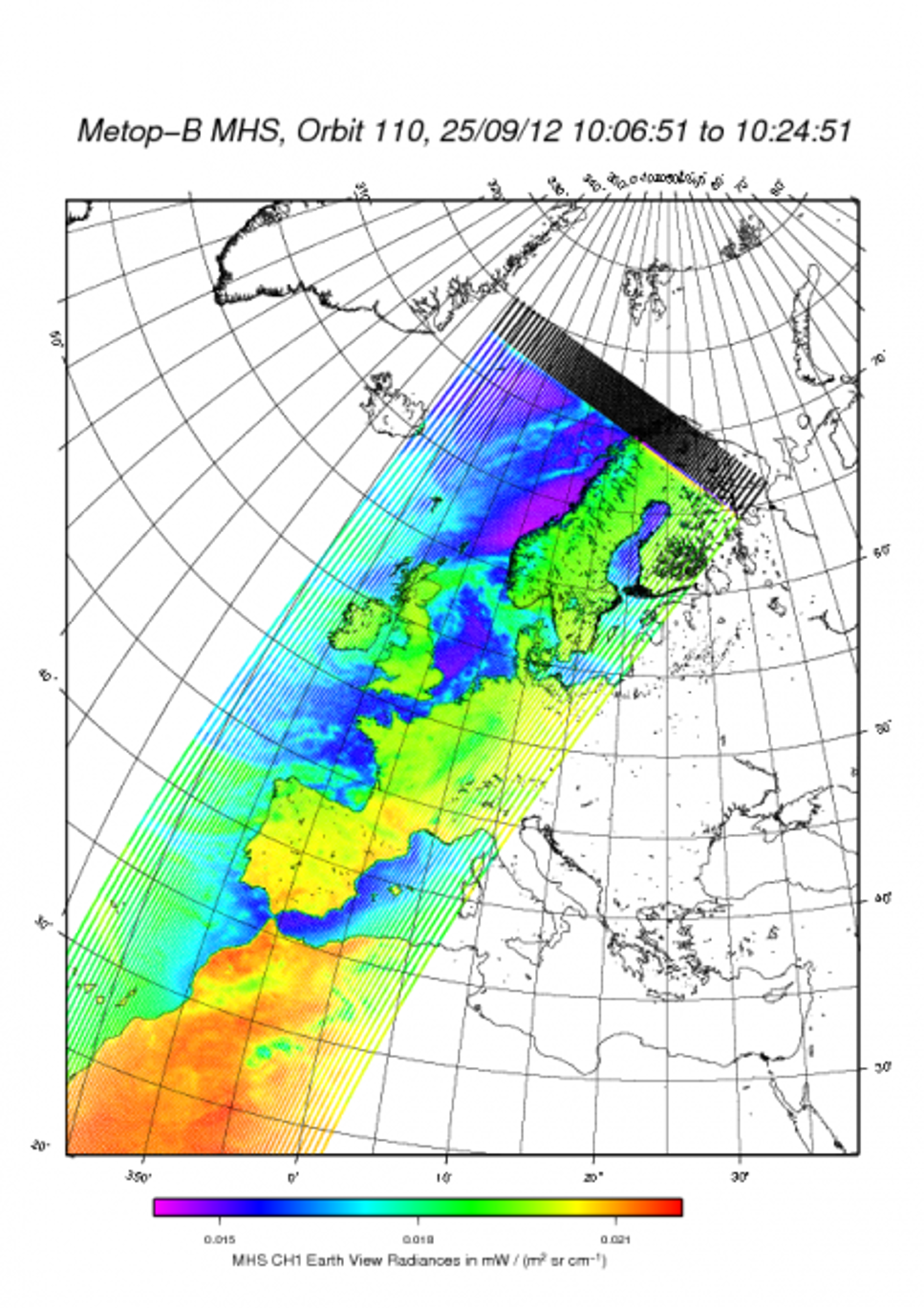 Den första datan från MetOp-B:s instrument MHS, Microwave Humidity Sounder. Källa: EUMETSAT (European Organisation for the Exploitation of Meteorological Satellites).