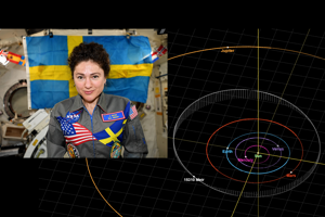 Meir asteroid.png En kvinna som ler mot kameran i rymddräkt