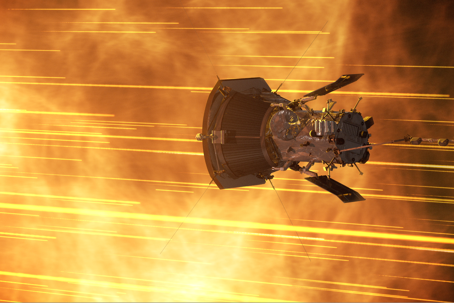 Parker Solar Probe in solar wind.png En rymdfarkost som flyger mot solen