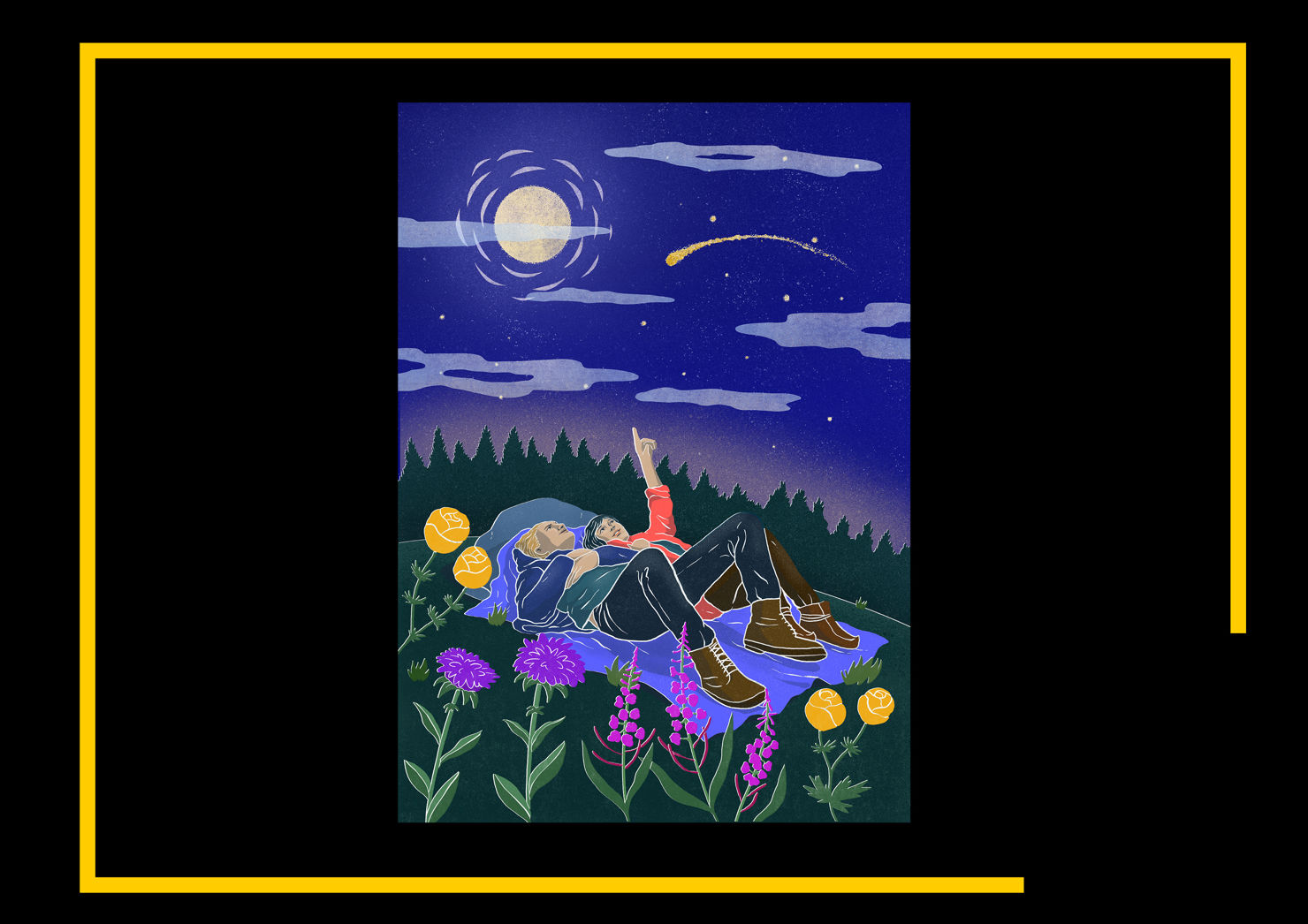 Bild på ett par som blickar upp mot stjärnhimlen